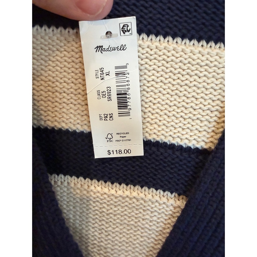Madewell Striped V-Neck Cardigan Sweater Navy Cream Cotton XL Preppy NWT - Picture 3 of 5